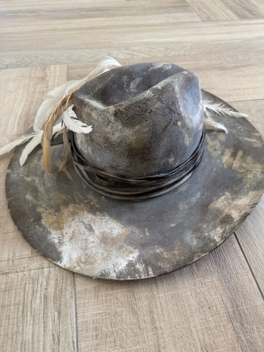 Stetson Brown Distressed Fedora with Feather Trim